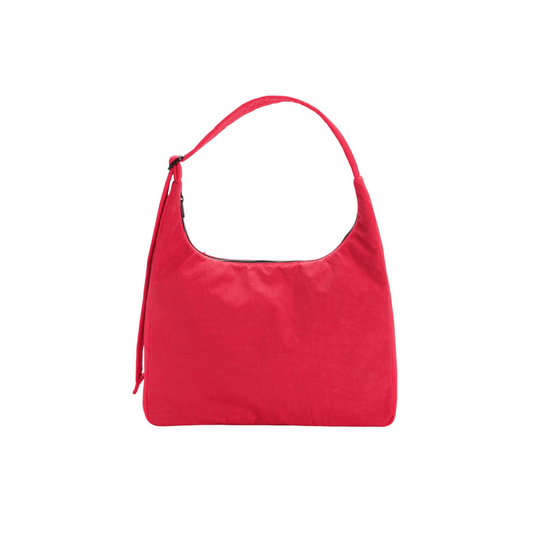 Red nylon shoulder bag with curved top handles and side zipper pocket