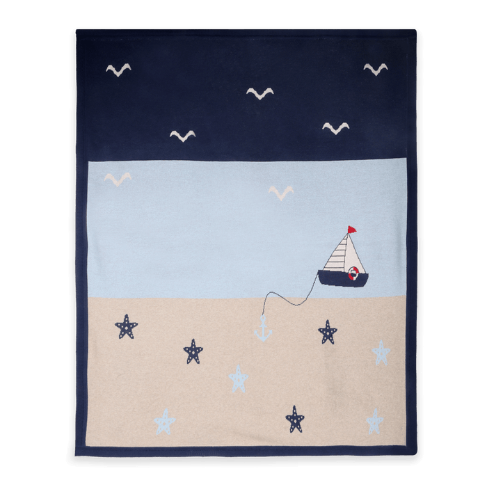 Ocean Sailboat - Organic Cotton Jacquard Knit Baby Blanket (Flat)