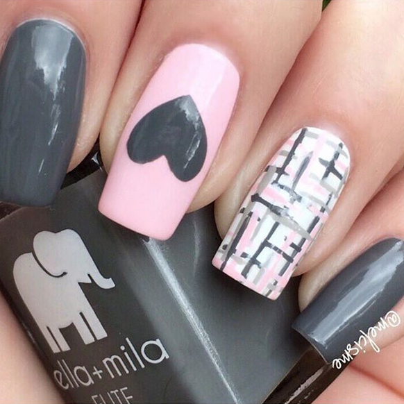 On the Runway grey nail polish with pink heart and plaid accent nail art