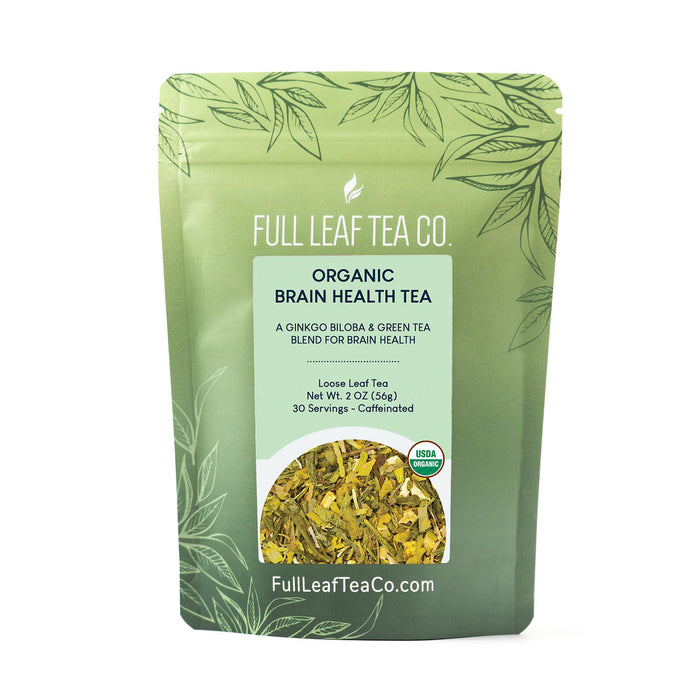 A 2oz bag of Full Leaf Tea Company Organic Brain Health Loose Leaf Tea.
