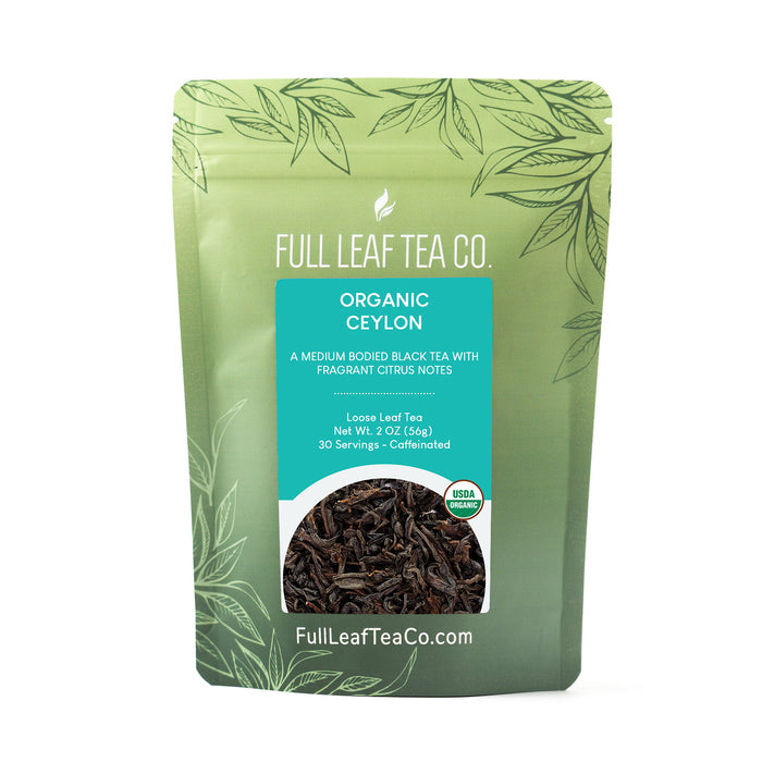 A 2oz bag of Full Leaf Tea Company Organic Ceylon Loose Leaf Tea.