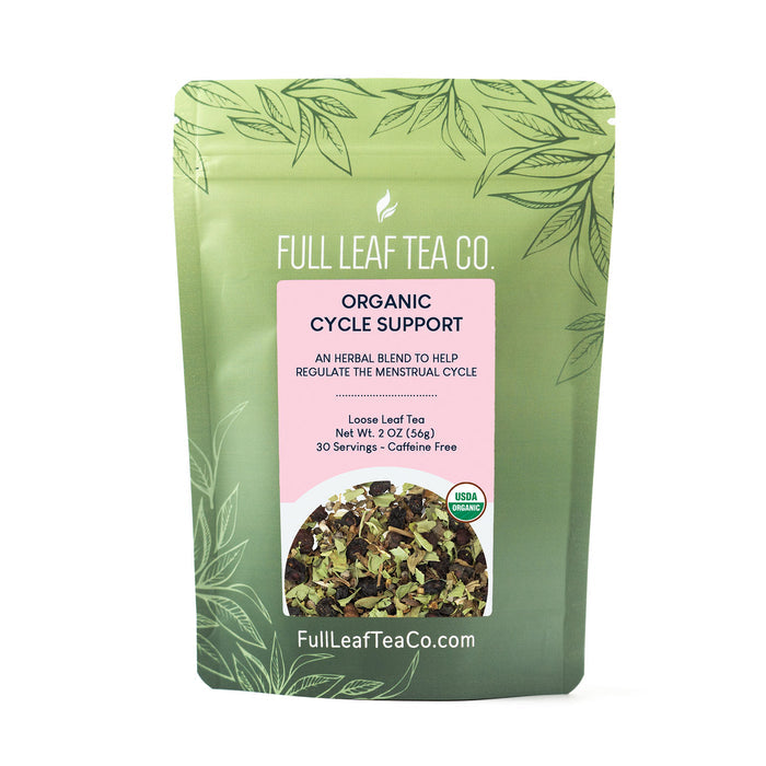 A 2oz bag of Full Leaf Tea Company Organic Cycle Support Loose Leaf Tea.