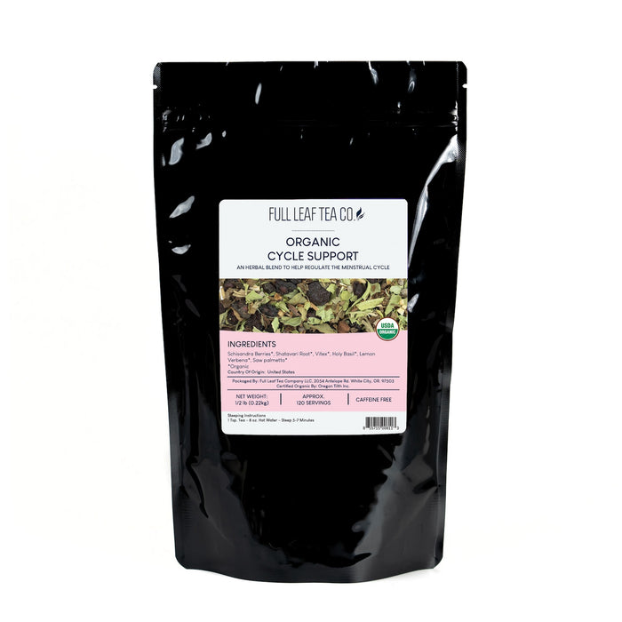 A 1/2 pound bag of Full Leaf Tea Company Organic Cycle Support Loose Leaf Tea.
