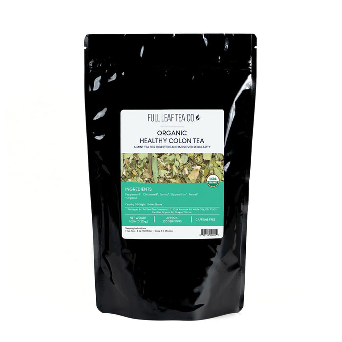A 1/2 pound bag of Full Leaf Tea Company Organic Healthy Colon Loose Leaf Tea.