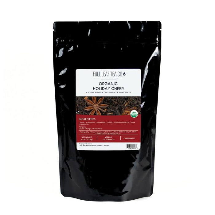 A 1/2 pound bag of Full Leaf Tea Company Organic Holiday Cheer Loose Leaf Tea.