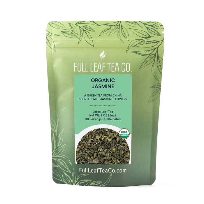 A 2oz bag of Full Leaf Tea Company Organic Jasmine Loose Leaf Tea.