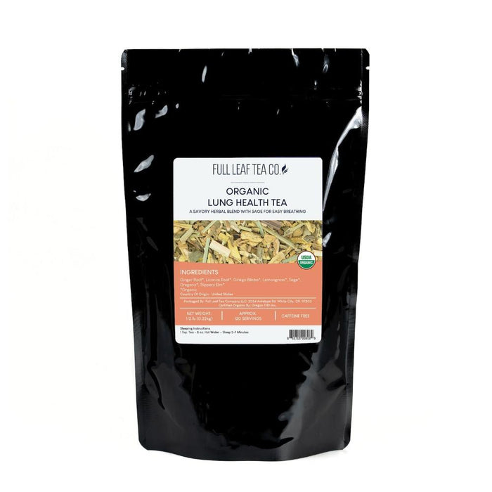 A 1/2 pound bag of Full Leaf Tea Company Organic Lung Health Loose Leaf Tea.