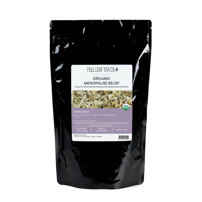 A 1/2 pound bag of Full Leaf Tea Company Organic Menopause Relief Loose Leaf Tea.