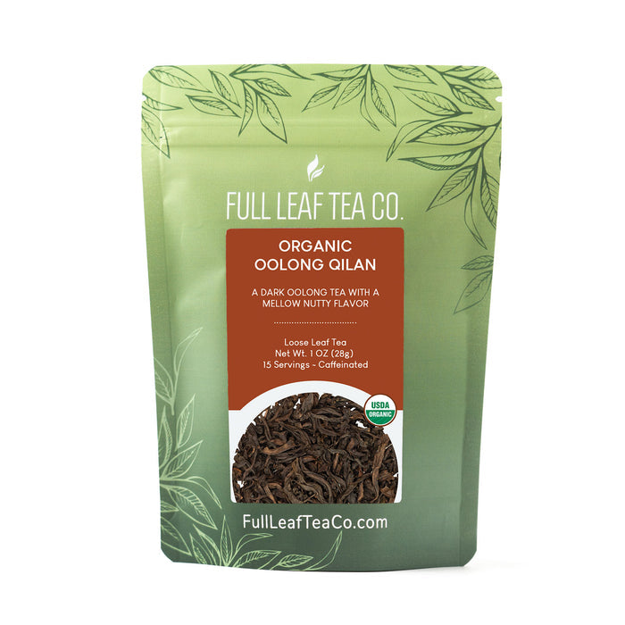 A 1oz bag of Full Leaf Tea Company Organic Oolong Qilan Loose Leaf Tea.