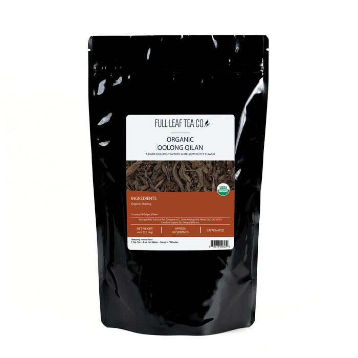 A 4oz bag of Full Leaf Tea Company Organic Oolong Qilan Loose Leaf Tea.