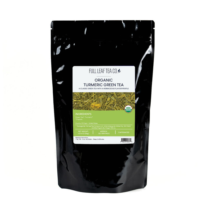 A 1/2 pound bag of Full Leaf Tea Company Organic Turmeric Green Loose Leaf Tea.