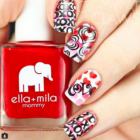 Paint the Town Red red nail polish with black and white XOXO and heart nail art