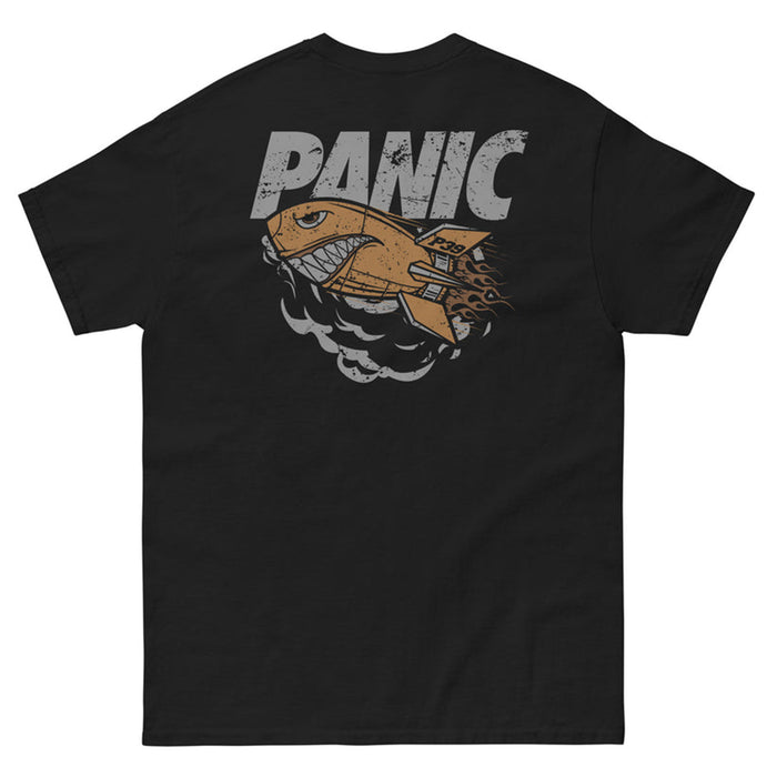 back panel of a Panic 39 music brand tshirt with  the big boy vintage bomb design.