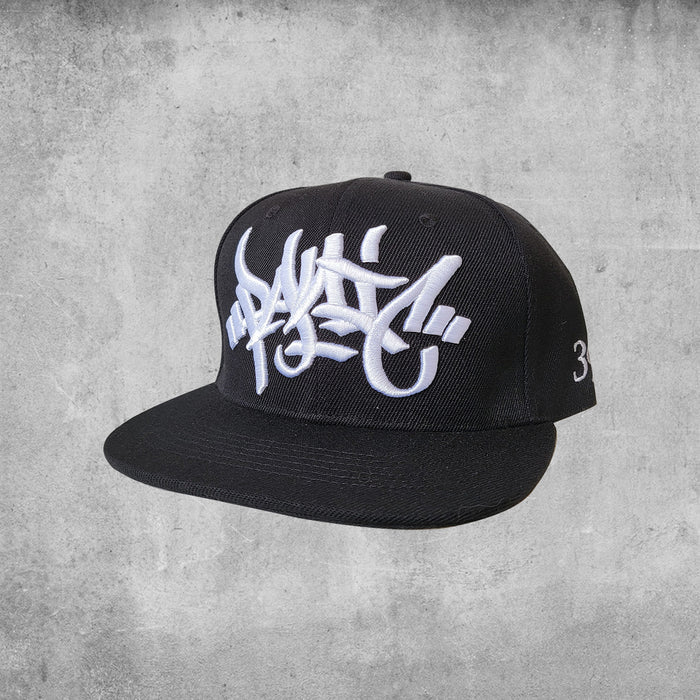 Black hat with  white embroidered tag Panic 39