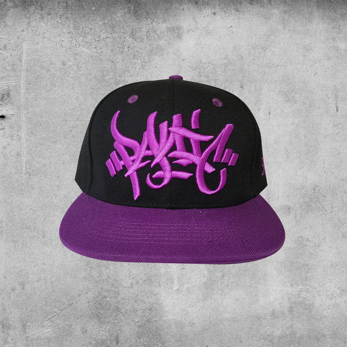 Black hat with purple brim and embroidered tag Panic 39