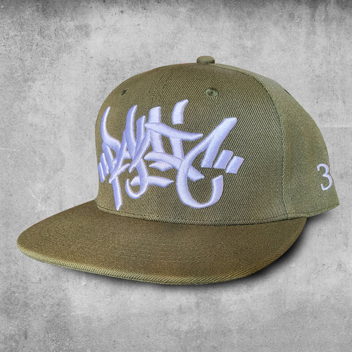 Olive green hat with  white embroidered tag Panic 39