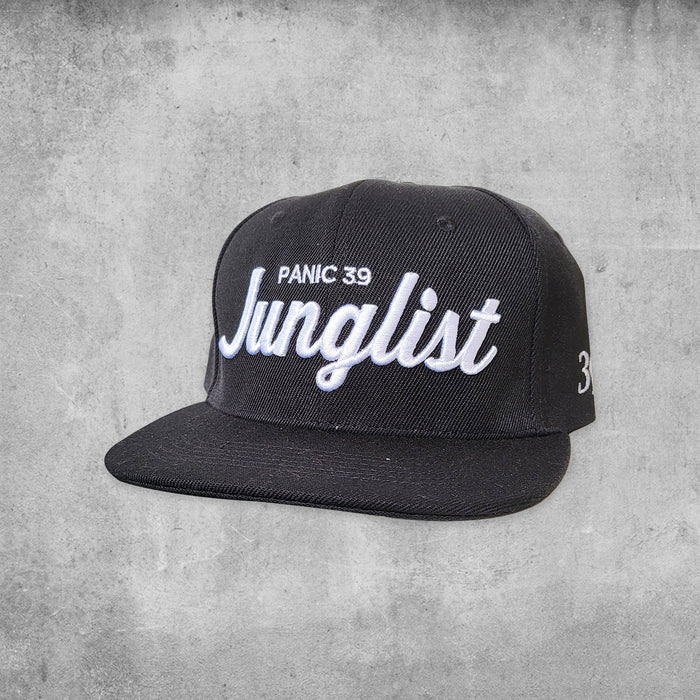 Black hat with white embroidered tag Junglist Panic 39