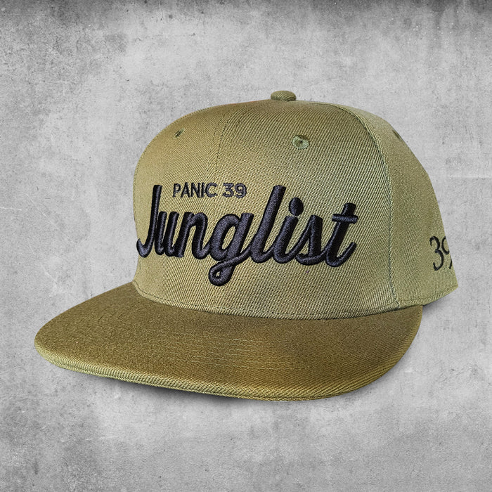 Olive green hat with black embroidered tag Junglist Panic 39