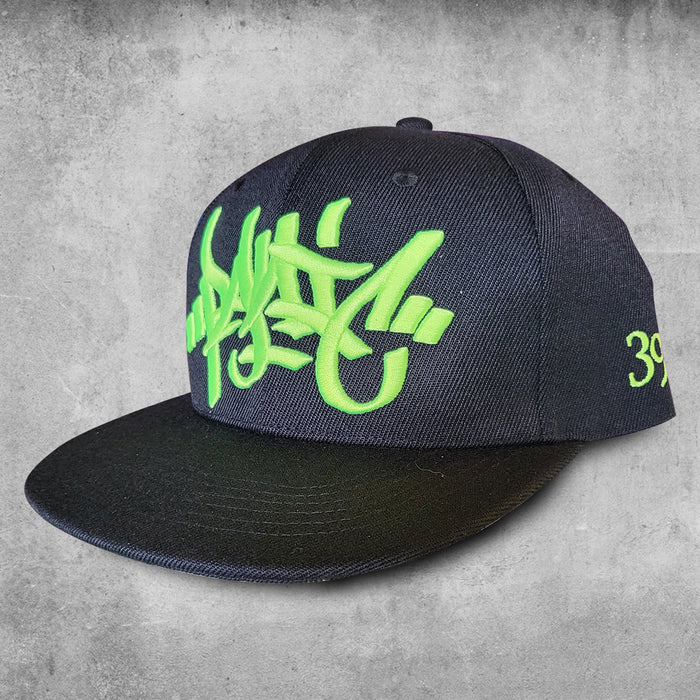 Black hat with fluorecent green embroidered tag Panic 39