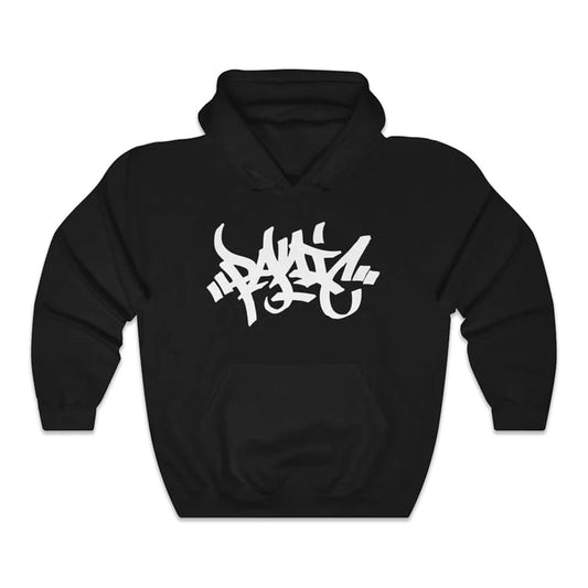 Panic 39 tag hoodie with the a white centered "panic" graffiti tag.