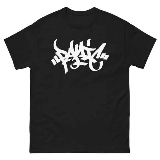 the front of a Panic 39 tshirt in all black with a white Panic Tag.