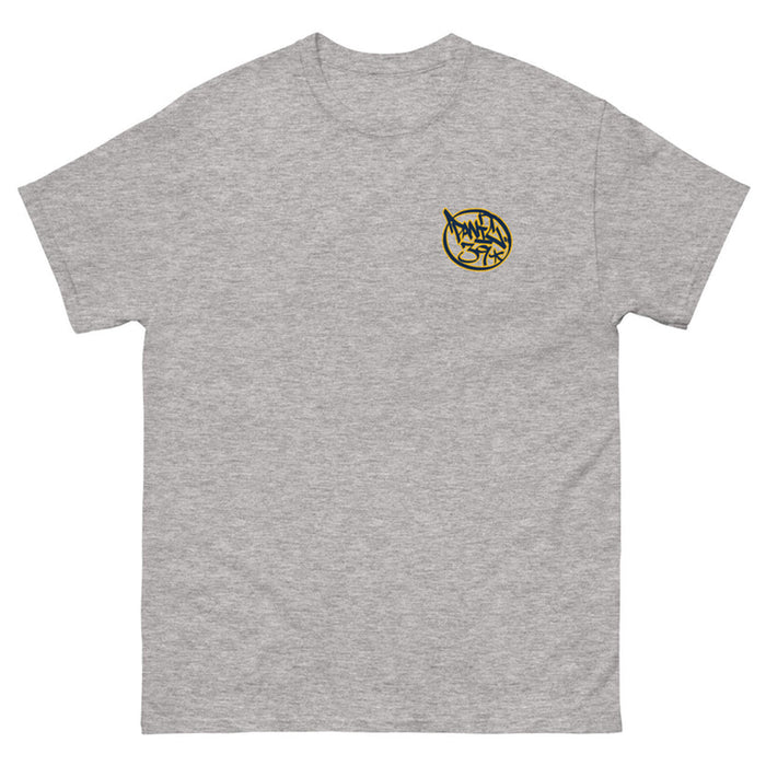 Panic 39 music brand walking p shirt design on heather grey front.