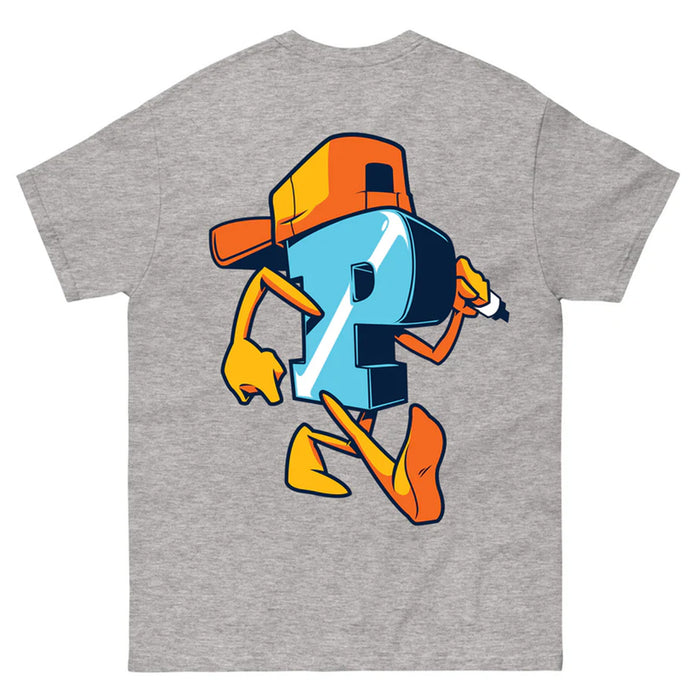 the back print on  a Panic 39 music brand walking p shirt in heather grey .