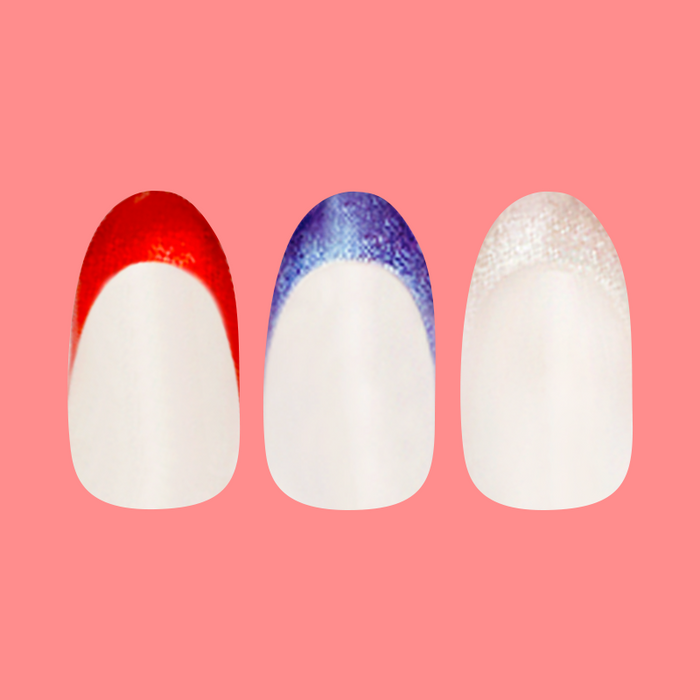 Parade Velvet French - Press-On | Medium | Oval showing sheer milky nails with velvet red, blue, and white tips manicure