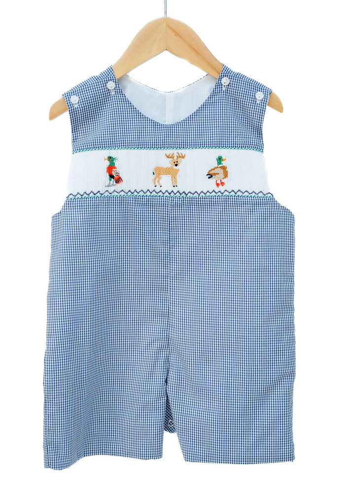 Smocked Hunting Jon Jon by Ruth and Ralph, blue gingham with peter pan collar and smocked deer and duck embroidery, on hanger