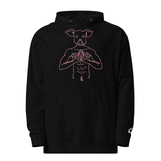 Black hoodie with a pink pig graphic on a white background