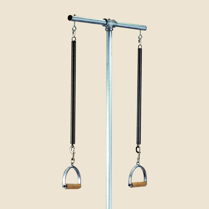 Pair of black Pedi Pole springs with metal handles hanging from a Pilates pole.