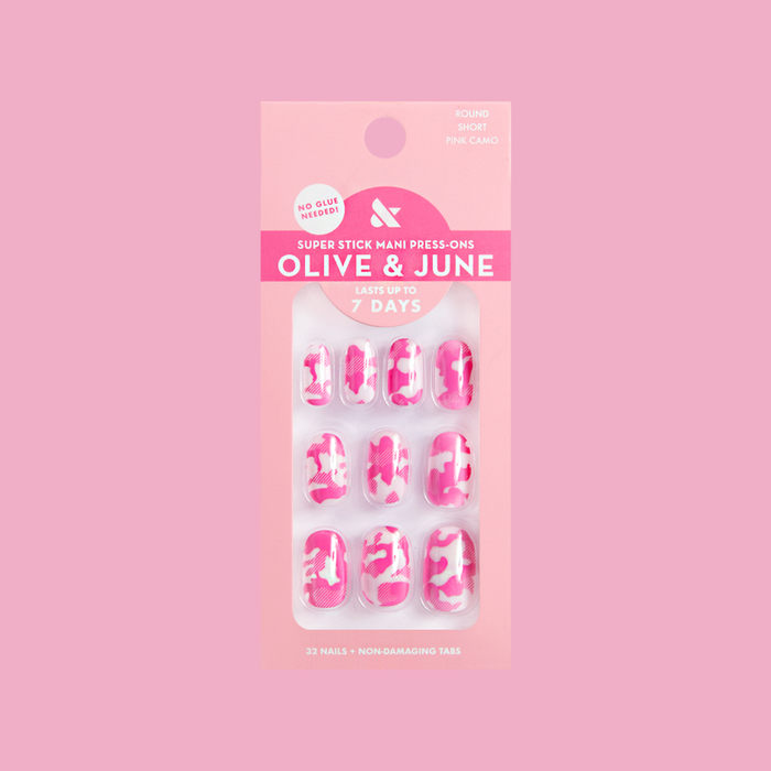 Pink Camo - Tab Press-On | Short | Round nails with tonal pink camo print for easy at-home mani by Olive and June