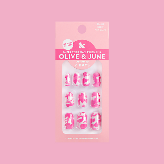 Pink Camo - Tab Press-On | Short | Round nails with tonal pink camo print for easy at-home mani by Olive and June