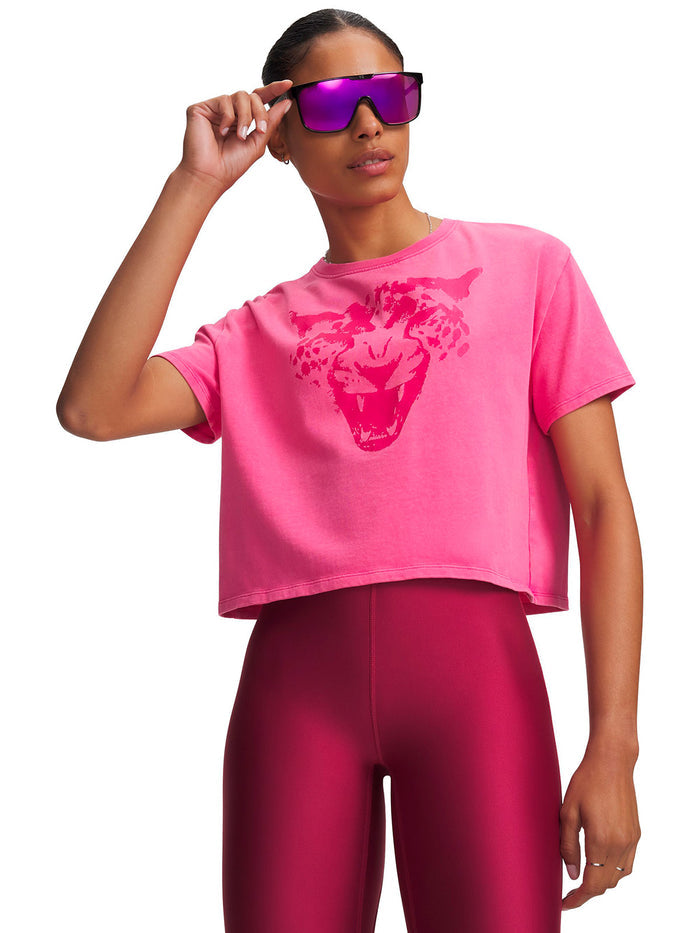 Polera manga corta UA Halo Run Heavyweight Wash City rosada para mujer