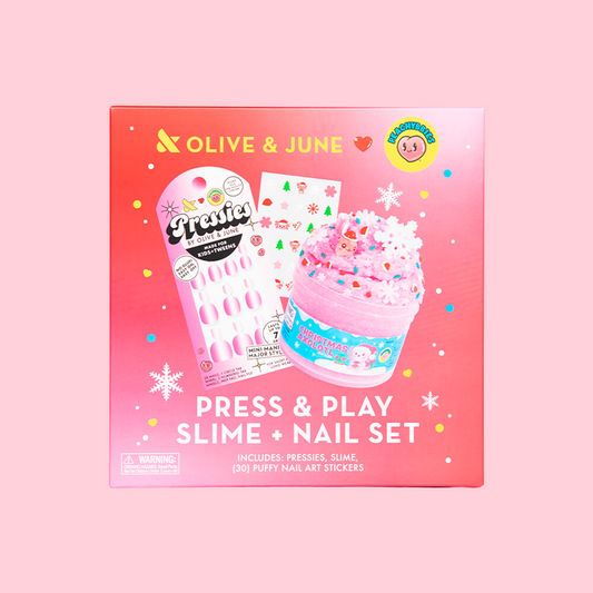 Press & Play Slime + Nail Set featuring slime, press-on nails, and festive puffy nail art stickers for creative mani fun