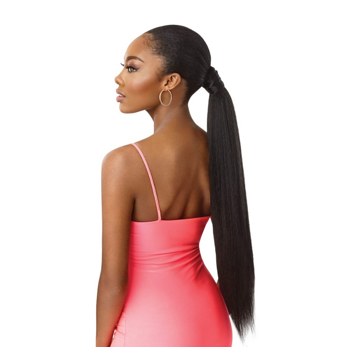OUTRE kinky straight ponytail extension on model with sleek high ponytail long black hair perfect for sleek styles