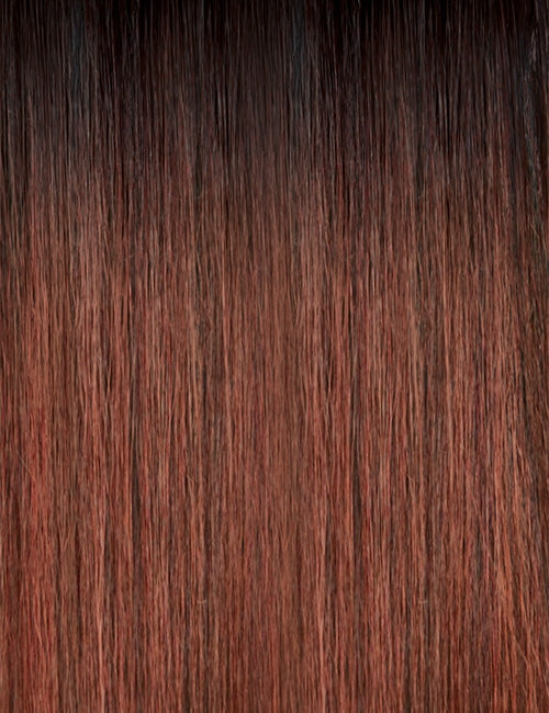 OUTRE kinky straight ponytail extension brown to auburn ombre with natural textured straight strands