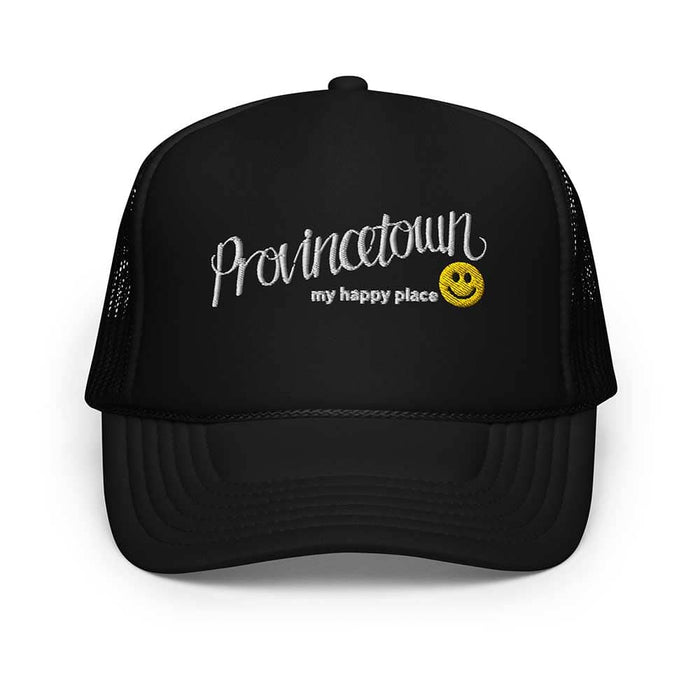 Black foam trucker hat with 'Provincetown my happy place' text and smiley face on a white background