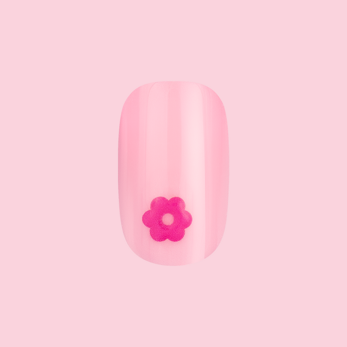 Puffy Daisy - Press-On | Short | Squoval showing short squoval false nail with tonal pink base and 3D hot pink flower design