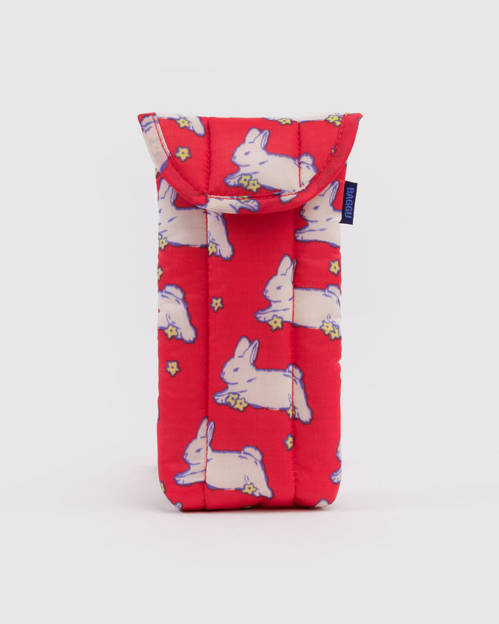 Padded glasses sleeve in red with white bunny pattern and snap flap
