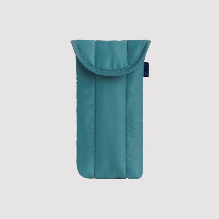 Padded glasses sleeve in teal with curved top flap and stitched seams
