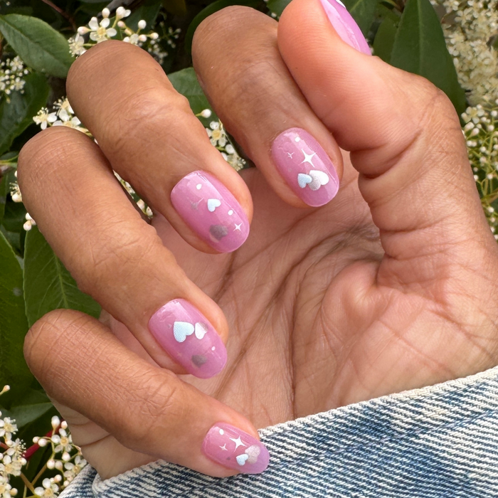 Puffy Hearts - Press-On | Short | Round showing hand with pink short round press-on nails with puffy heart embellishments