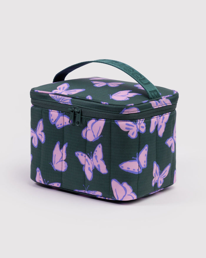 Puffy lunch bag with purple butterfly print on dark green, zipper and handle