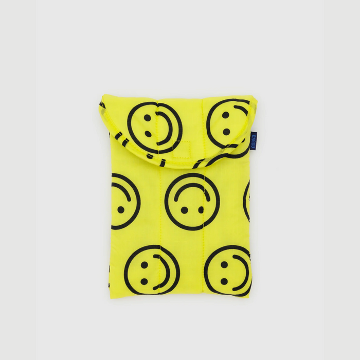 8-inch puffy tablet sleeve in yellow with smiley-face pattern and flap