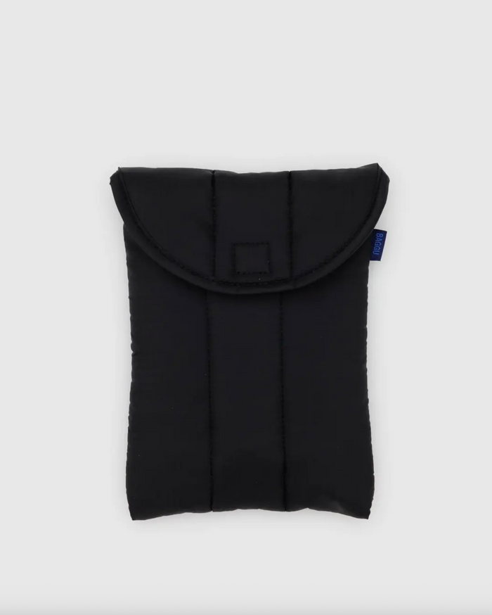8-inch puffy tablet sleeve in black with curved flap pocket