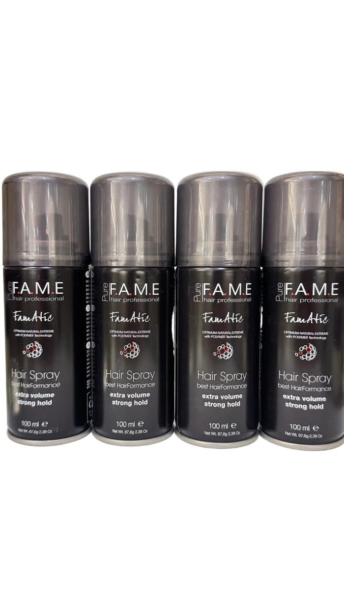 Four bottles of Fame Fanatic hair spray on a white background