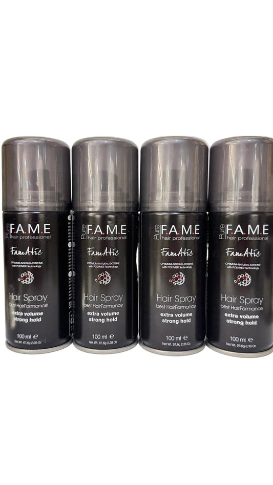 Four bottles of Fame Fanatic hair spray on a white background
