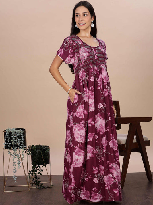 Purple Rose Floral Smocking Nighty for Women