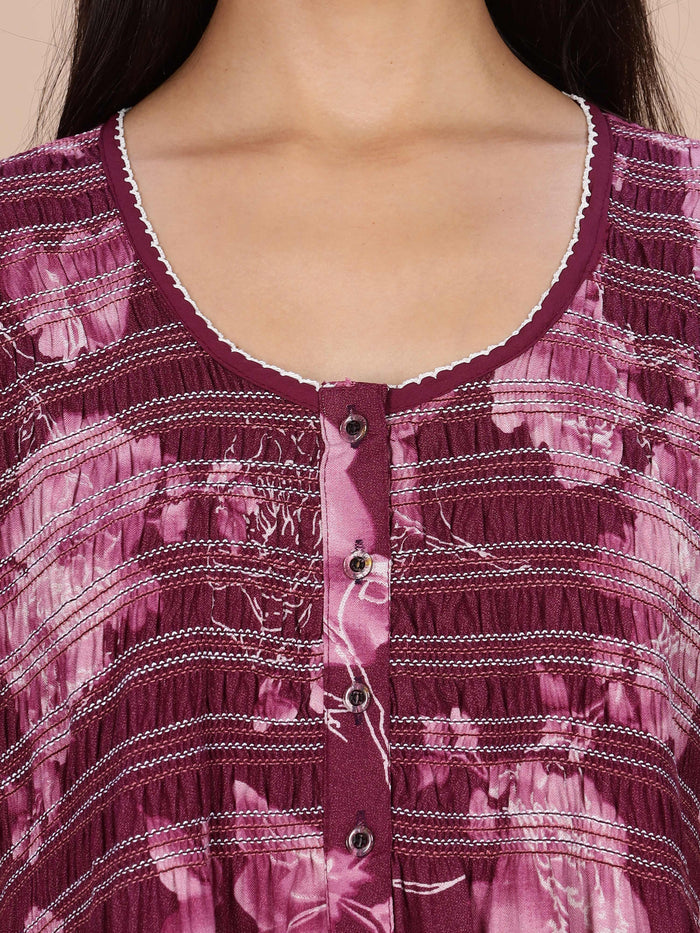 Purple Rose Floral Smocking Nighty for Women