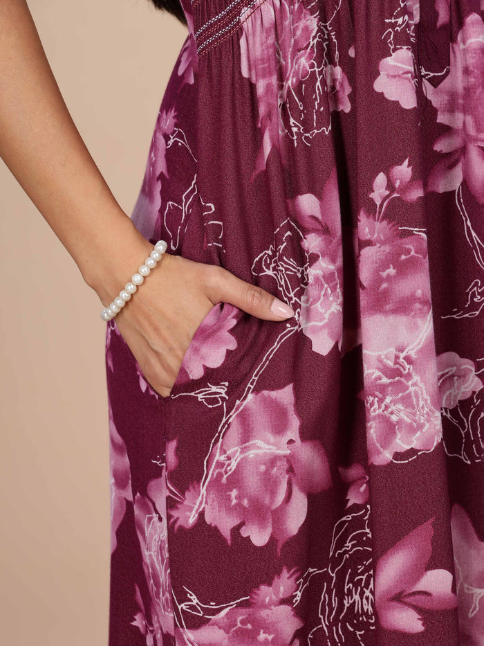 Purple Rose Floral Smocking Nighty for Women